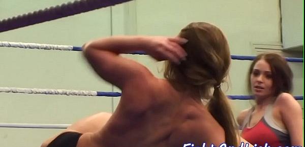  Busty lezzies wrestling in a boxing ring